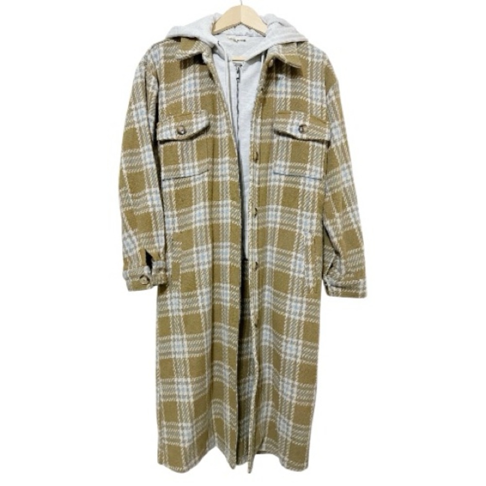 Mystree Twofer Tan Blue Cream Plaid Long Women’s Hooded Jacket New - Size Medium - Picture 2 of 9